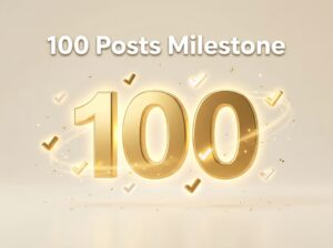 golden number 100 with checkmark icons celebrating blog milestone