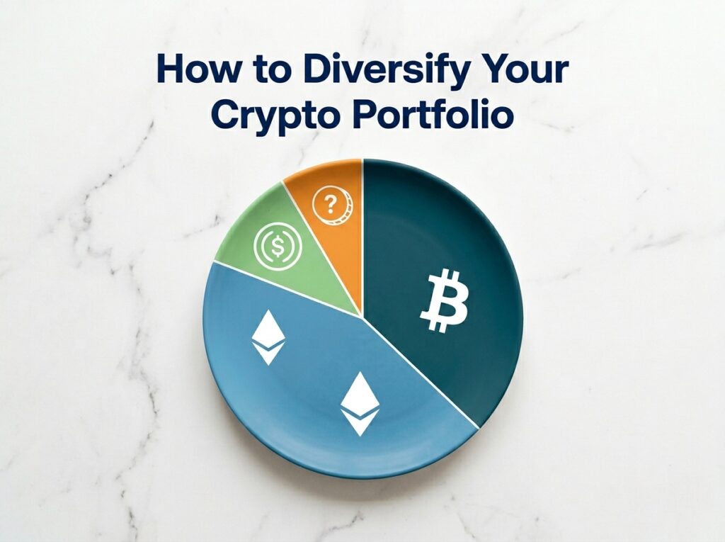 divided plate showing crypto portfolio diversification with bitcoin ethereum stablecoin sections