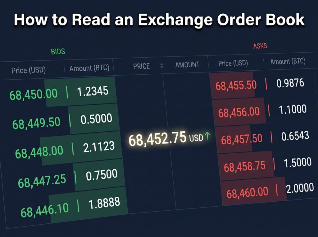 crypto exchange order book with green bid and red ask prices for beginners