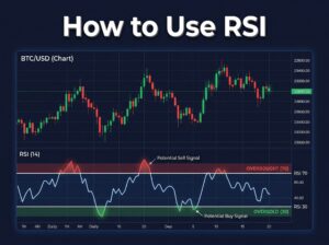 bitcoin price chart with RSI indicator showing overbought and oversold zones