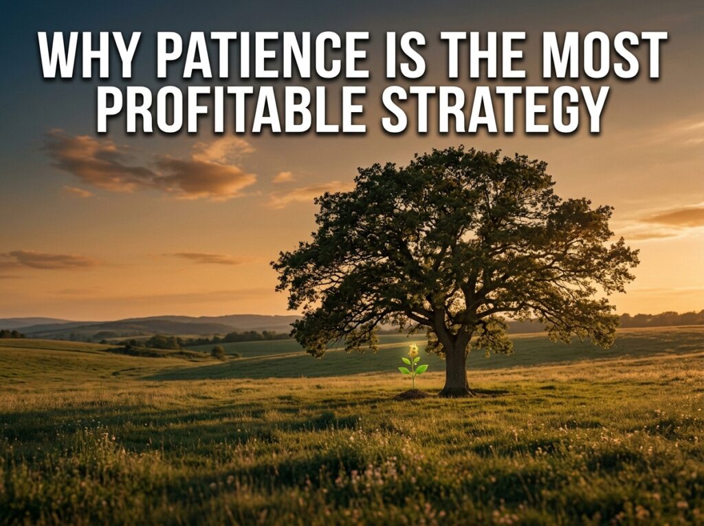 large tree with small bitcoin seedling growing beneath it representing patience in crypto investing
