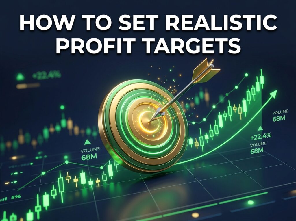 arrow hitting target on rising crypto chart representing realistic profit targets