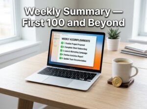 notebook with completed checklist next to coffee and bitcoin coin representing weekly blog summary