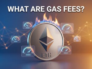 ethereum coin with small flame on top representing gas fees for blockchain transactions