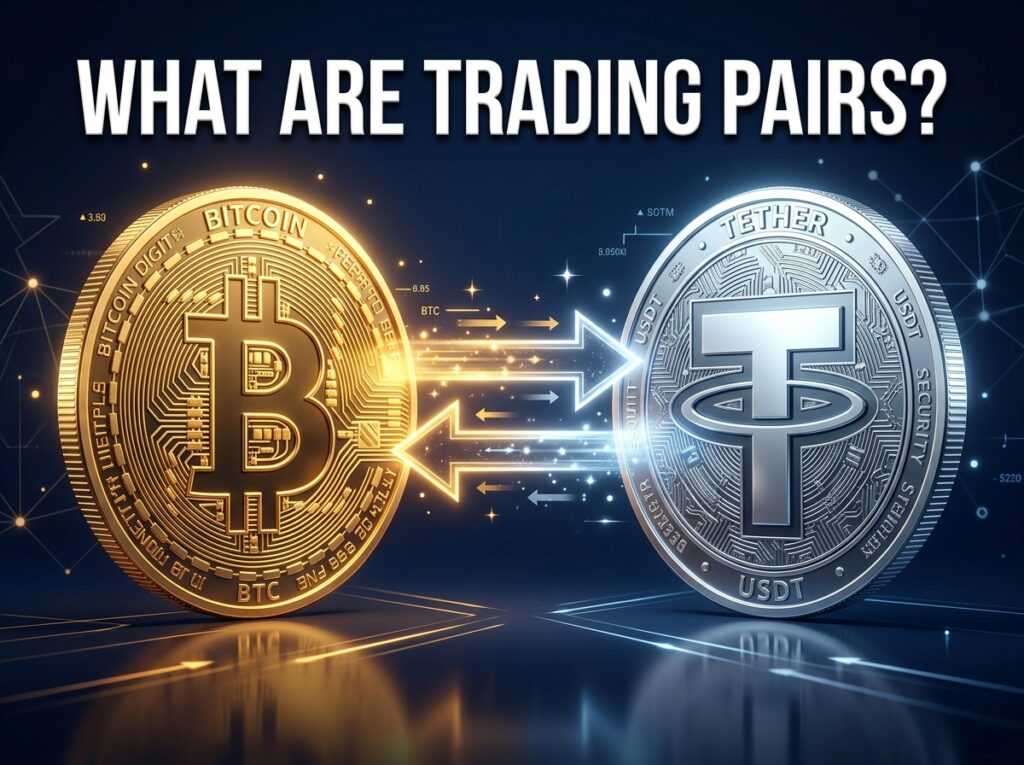 bitcoin and USDT coins facing each other with exchange arrows representing trading pairs
