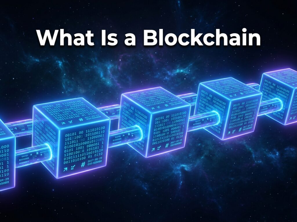 glowing blue blocks connected in a chain representing blockchain technology