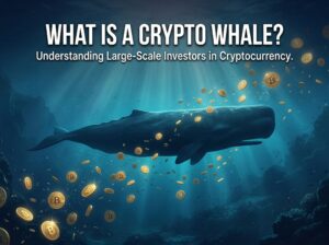 giant whale silhouette swimming among bitcoin coins in deep ocean representing crypto whale
