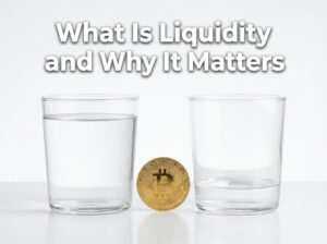two glass cups comparing high and low liquidity with bitcoin coin in between