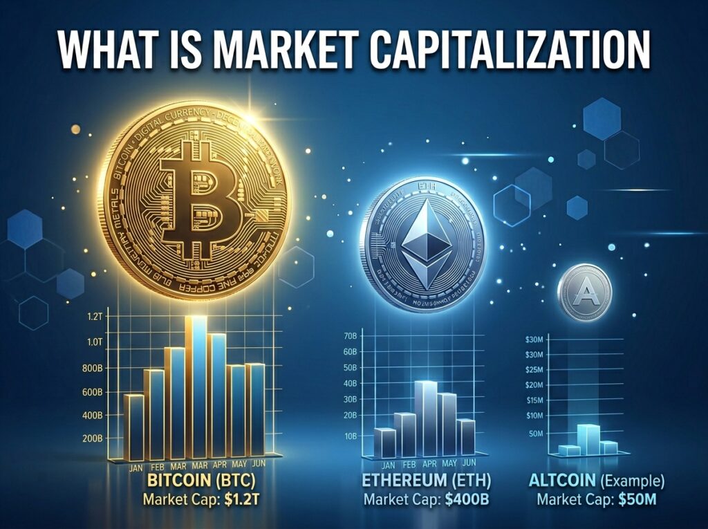 three different sized crypto coins representing large mid and small market capitalization