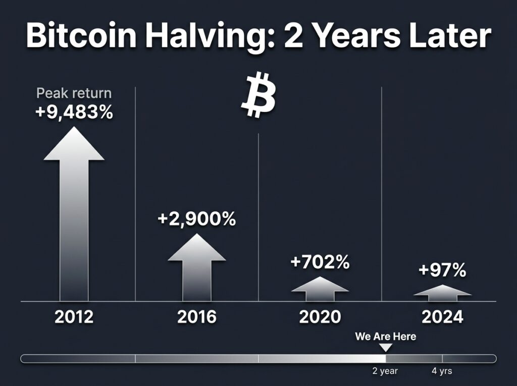 Four Bitcoin halving cycles compared showing diminishing returns — 9,483% in 2012, 2,900% in 2016, 702% in 2020, and 97% in 2024 — with current position marked at the 2-year point