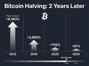 Four Bitcoin halving cycles compared showing diminishing returns — 9,483% in 2012, 2,900% in 2016, 702% in 2020, and 97% in 2024 — with current position marked at the 2-year point