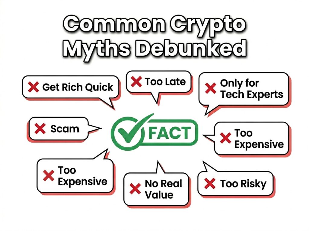 seven speech bubbles with X marks showing crypto myths and central checkmark with FACT text