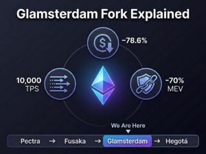 Ethereum Glamsterdam fork infographic showing parallel processing at 10,000 TPS, 78.6% gas fee reduction, and 70% MEV reduction through ePBS