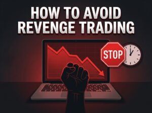 clenched fist silhouette in front of red chart with stop sign and clock representing revenge trading prevention