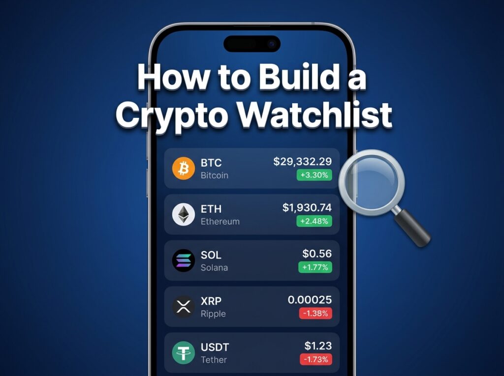 smartphone screen showing crypto watchlist with BTC ETH SOL XRP USDT prices and percentage changes