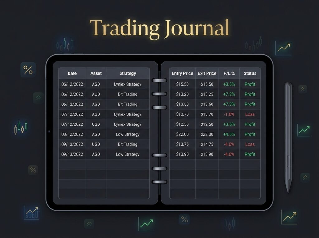 open trading journal spreadsheet with green profit and red loss rows next to crypto charts representing systematic trade tracking