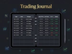 open trading journal spreadsheet with green profit and red loss rows next to crypto charts representing systematic trade tracking