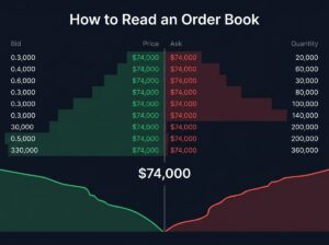  crypto order book showing green bid orders and red ask orders with depth chart and current Bitcoin price