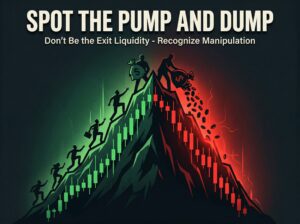 dramatic crypto price chart spiking up then crashing down with people chasing the pump while insiders dump at the top.