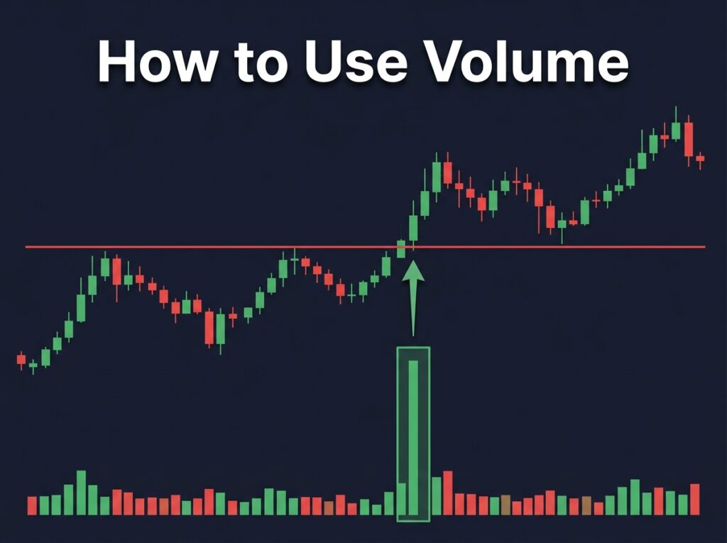Alt text: bitcoin price chart with green and red volume bars showing breakout confirmation with large volume spike at resistance level.