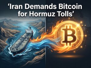 oil tanker passing through Strait of Hormuz with golden Bitcoin symbol representing Iran crypto toll demand
