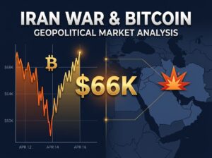 bitcoin price chart recovering after Iran war shock with Middle East map silhouette