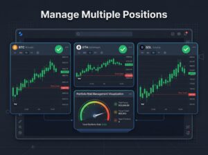 three crypto chart windows for BTC ETH SOL with stop-loss lines and central dashboard showing total portfolio risk percentage.