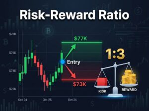 Bitcoin chart showing entry at $74K with green arrow to $77K profit target and red arrow to $73K stop-loss illustrating a 1:3 risk-reward ratio