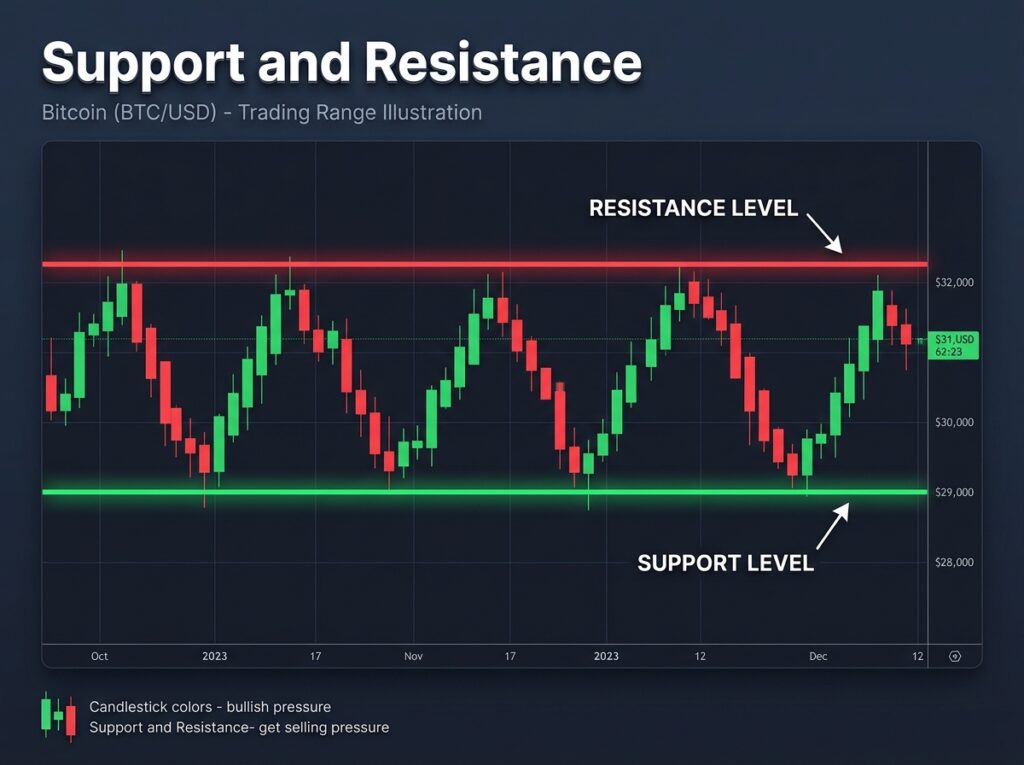bitcoin chart with green support line and red resistance line showing price bouncing between levels