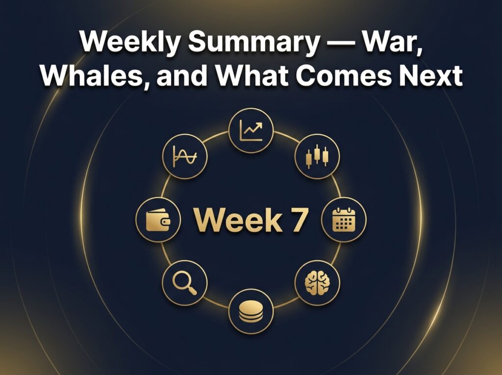 eight trading topic icons arranged in circle around Week 7 text representing weekly crypto blog summary