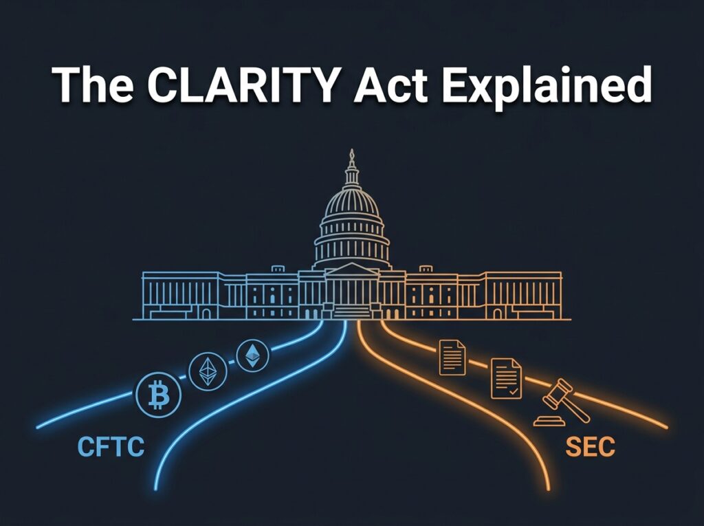 US Capitol building with two regulatory paths — CFTC for digital commodities and SEC for securities — illustrating the CLARITY Act's crypto classification system
