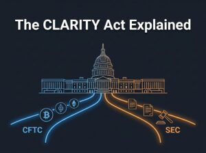 US Capitol building with two regulatory paths — CFTC for digital commodities and SEC for securities — illustrating the CLARITY Act's crypto classification system