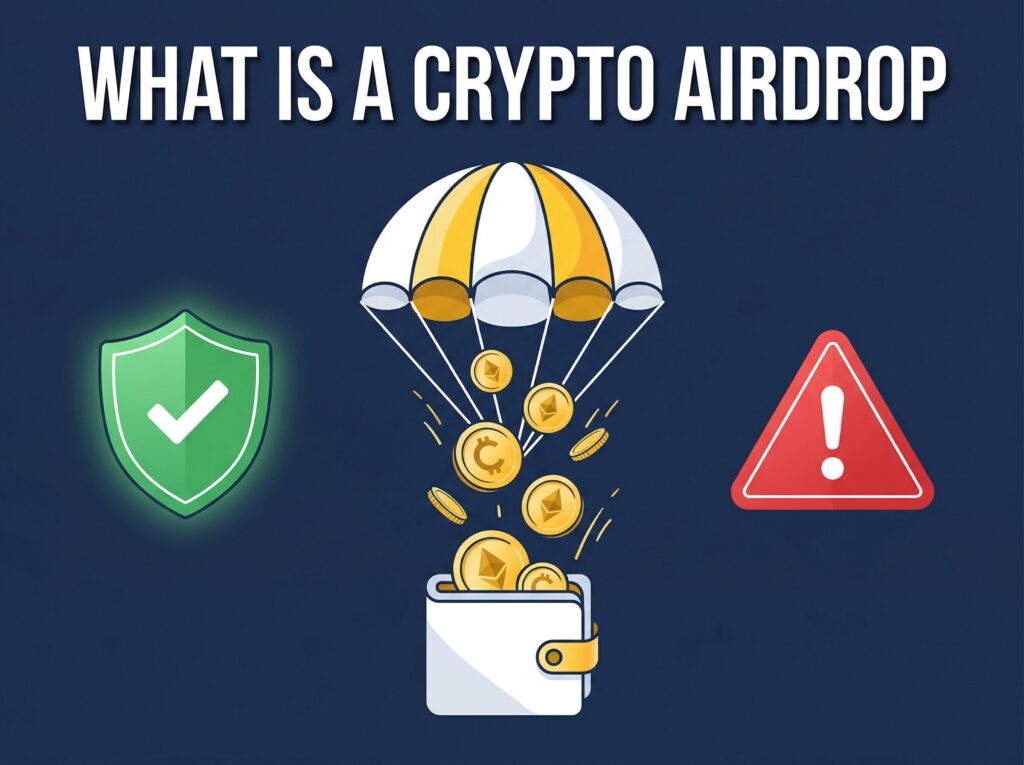 parachute dropping golden crypto tokens into wallet with green safety shield and red warning triangle representing airdrop safety.