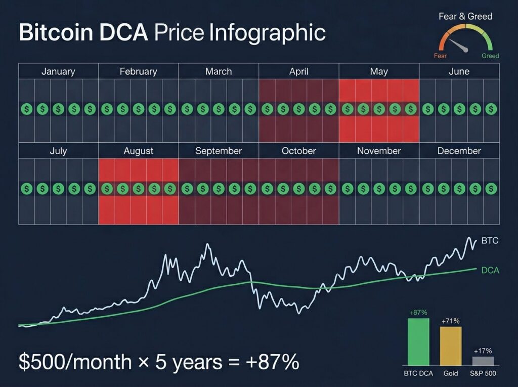Calendar showing weekly dollar-cost averaging purchases over 12 months with a rising average cost line below volatile Bitcoin price chart — 5-year DCA return plus 87 percent compared to gold plus 71 percent and S&P 500 plus 17 percent