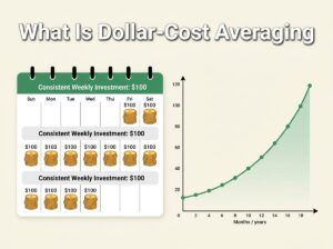 calendar with weekly coin stacks showing dollar-cost averaging strategy with upward trend graph