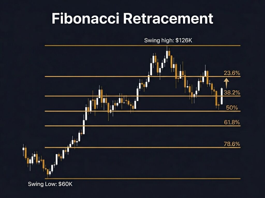 Bitcoin chart showing Fibonacci retracement levels from $60,000 swing low to $126,000 swing high with current price near the 23.6% level