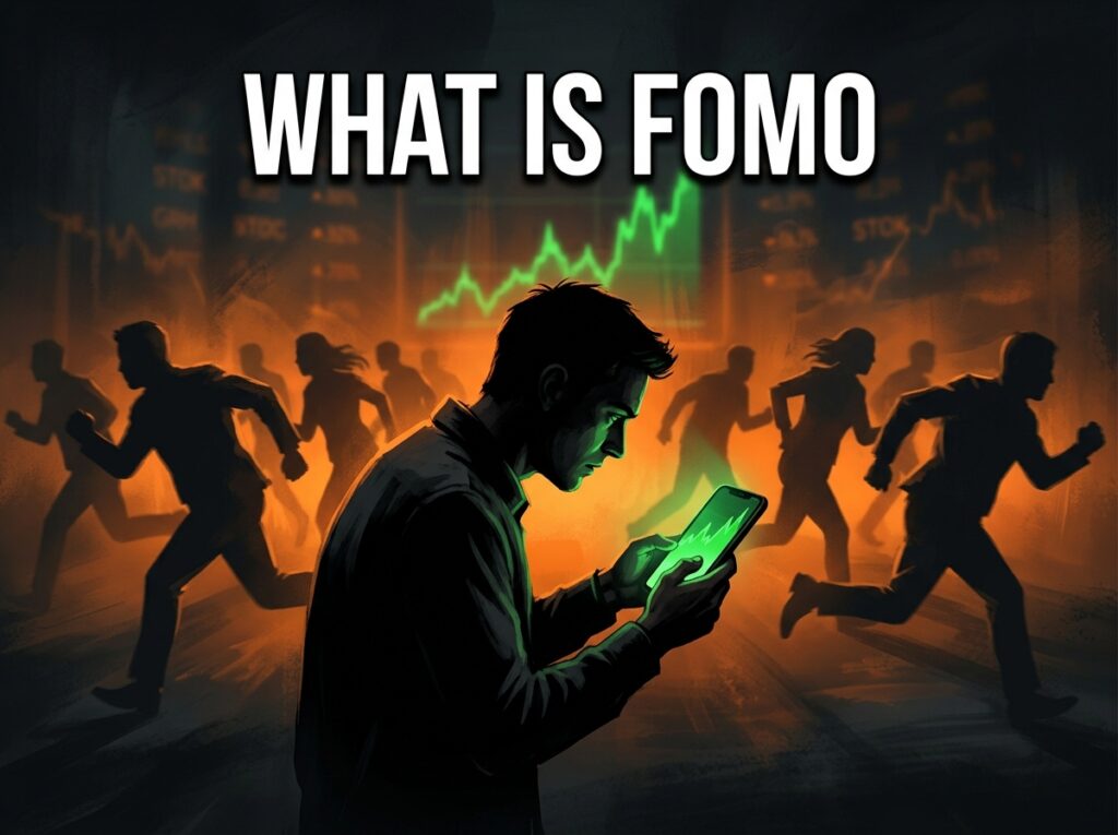 silhouette staring at phone with green crypto price spike while crowd rushes toward chart representing FOMO in trading