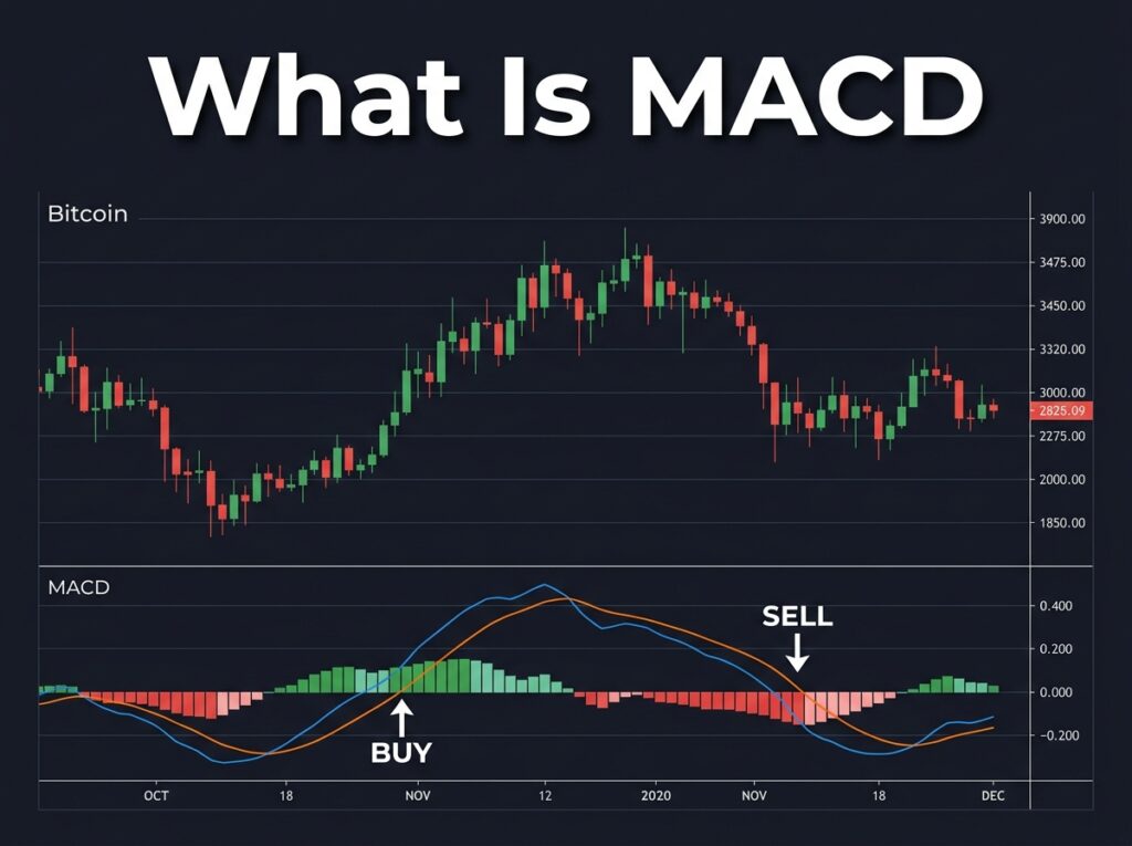 bitcoin chart with MACD indicator panel showing MACD line signal line crossover and histogram bars