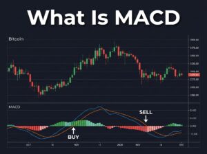 bitcoin chart with MACD indicator panel showing MACD line signal line crossover and histogram bars