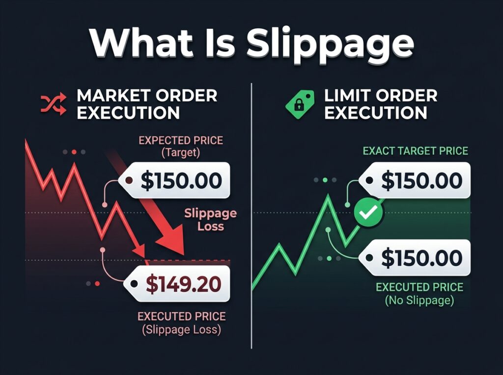 comparison of market order slippage with red arrow versus limit order precision with green checkmark showing how slippage affects crypto trade execution