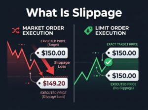 comparison of market order slippage with red arrow versus limit order precision with green checkmark showing how slippage affects crypto trade execution