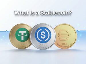 three stablecoin logos USDT USDC DAI with stable horizontal price line in background