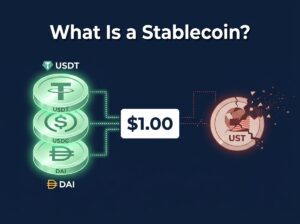Three stablecoin icons (USDT, USDC, DAI) pegged to $1.00 alongside a broken TerraUST coin illustrating depegging risk