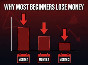 descending portfolio chart over three months with red arrows and calendar icons showing why most crypto beginners lose money.