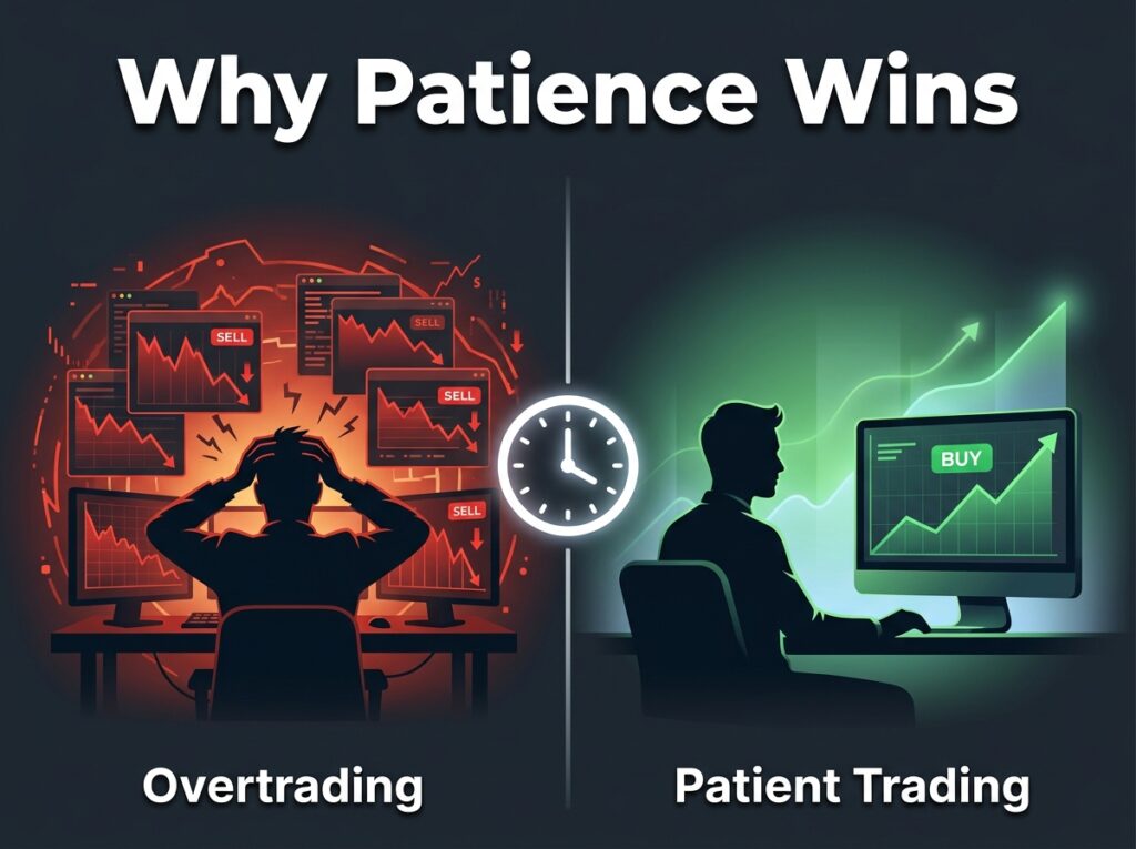 split image comparing overtrading with multiple red losses on left versus patient single green winning trade on right illustrating patience in crypto trading
