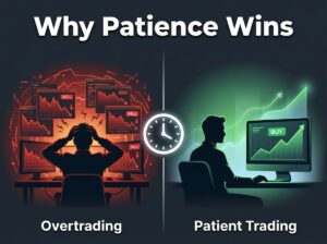 split image comparing overtrading with multiple red losses on left versus patient single green winning trade on right illustrating patience in crypto trading
