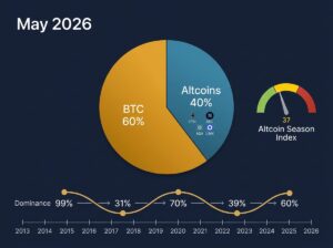Pie chart showing Bitcoin dominance at 60 percent versus altcoins at 40 percent with a 12-year timeline and altcoin season index gauge at 37 in May 2026