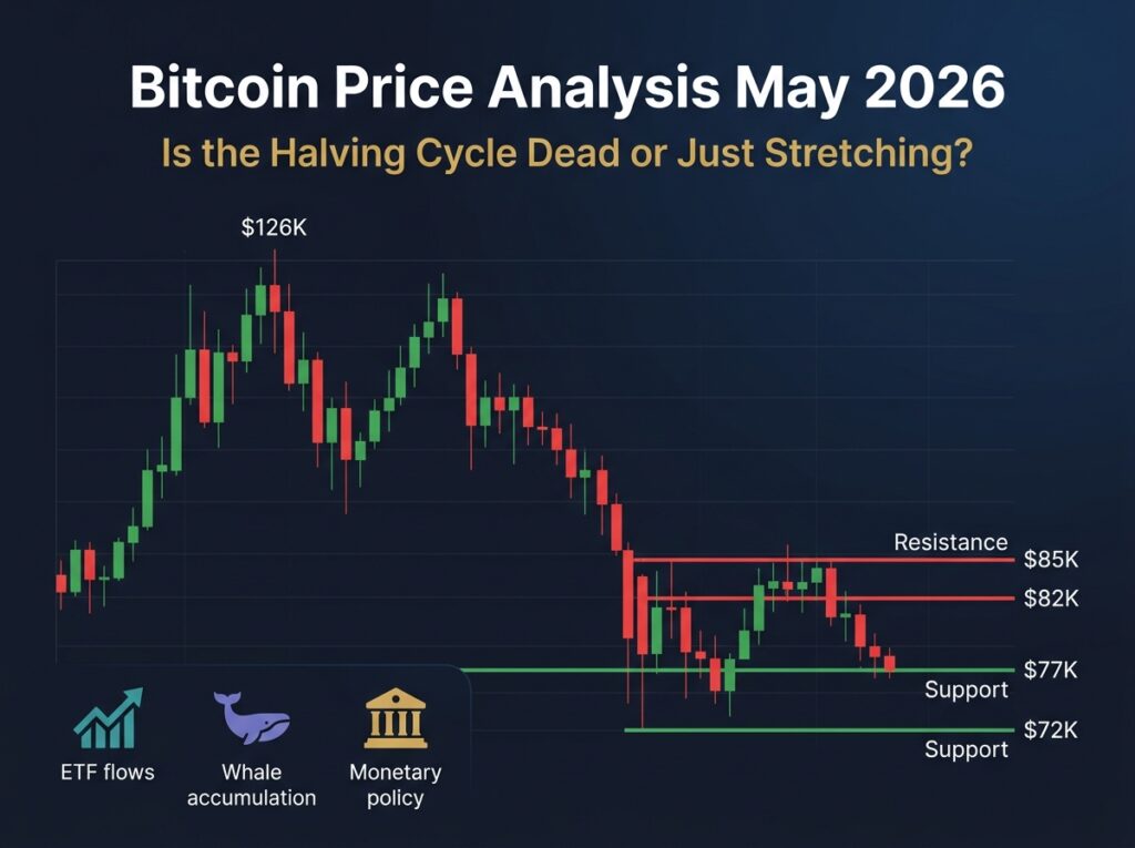 Bitcoin price analysis May 2026 weekly chart showing key support and resistance levels