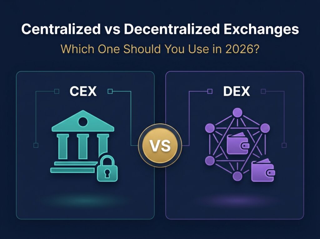 Centralized vs decentralized exchanges 2026 comparison infographic showing CEX and DEX key differences