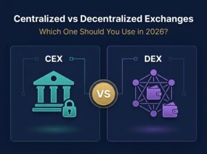 Centralized vs decentralized exchanges 2026 comparison infographic showing CEX and DEX key differences